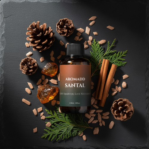 Dark slate flat lay with sandalwood chips, pine cones and cinnamon sticks