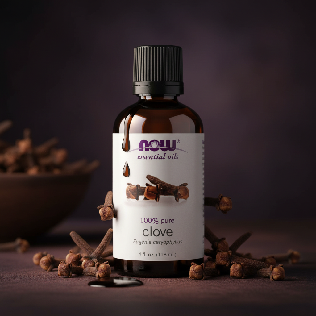 NOW Clove Oil moody dark background