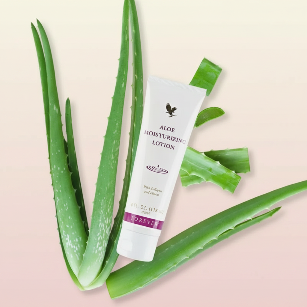 Forever Aloe Moisturizing Lotion on pastel cream and blush background