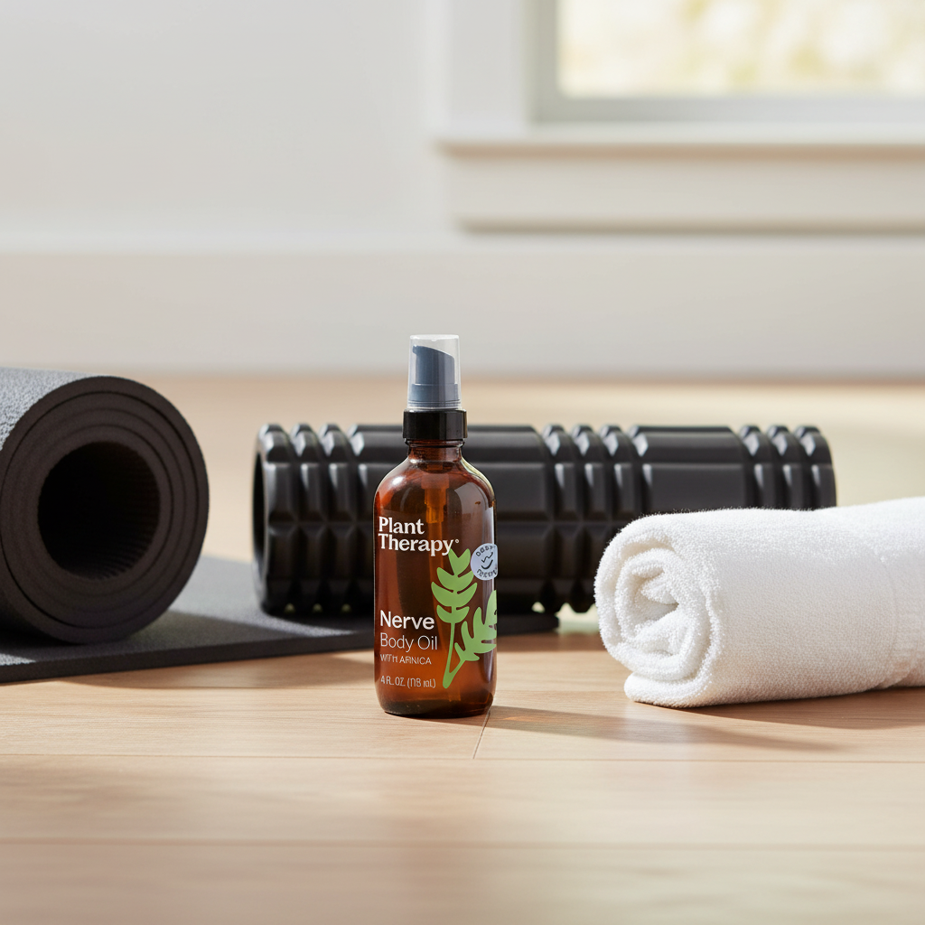 Plant Therapy Nerve Body Oil beside yoga mat and foam roller