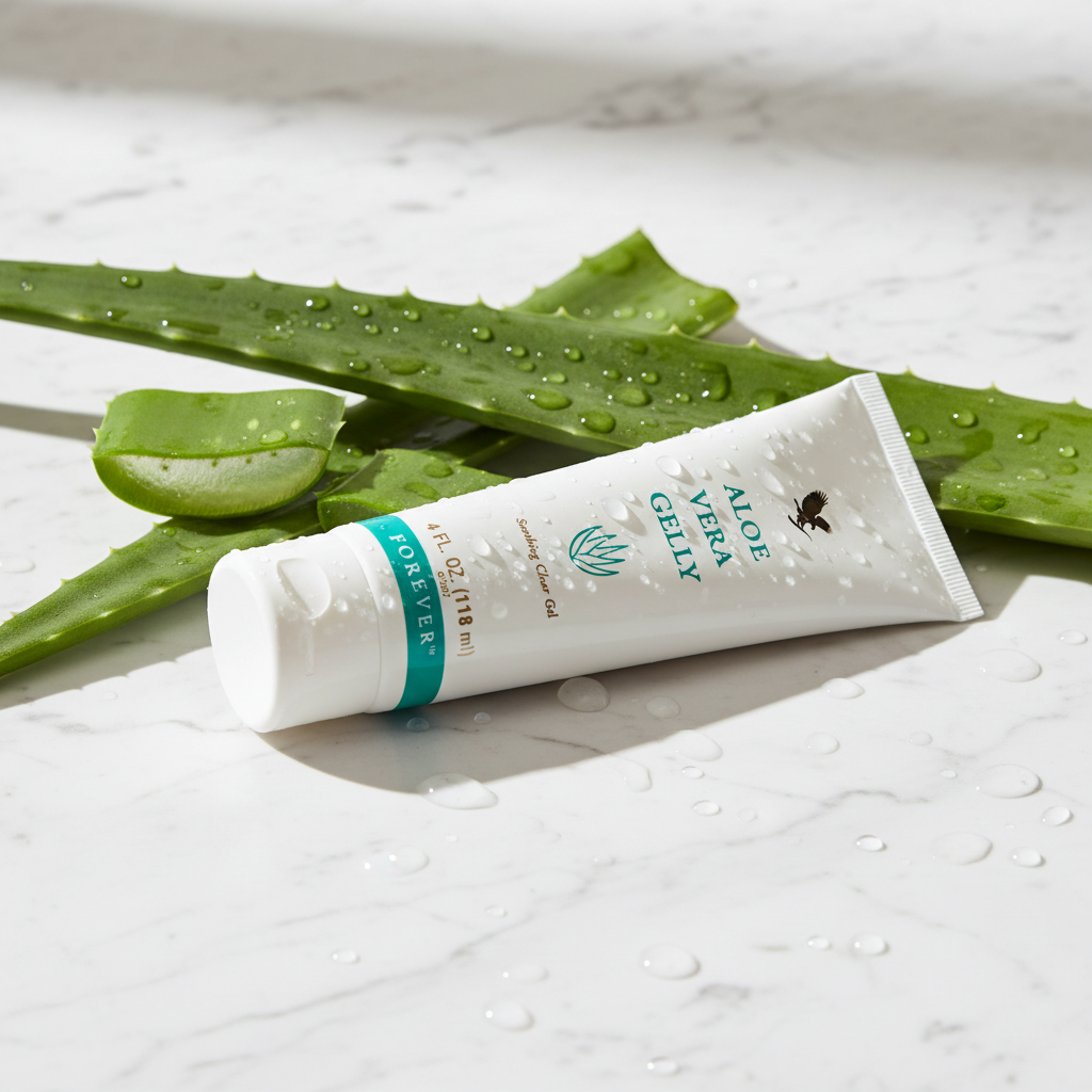Forever Aloe Vera Gelly on white marble with fresh aloe leaves