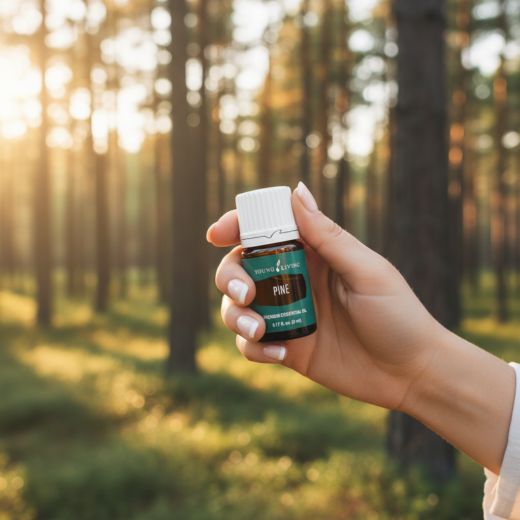 Pine essential oil held in hand with pine forest background