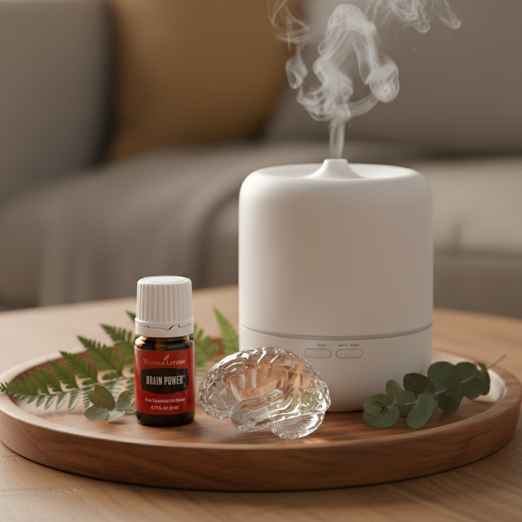 Brain Power essential oil on spa tray with diffuser