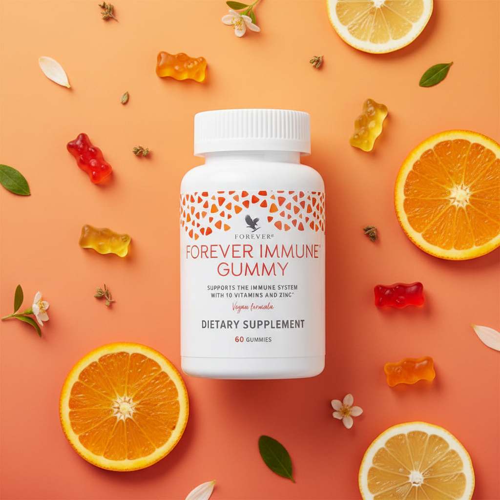 Forever Immune Gummy bottle on vibrant orange and coral background