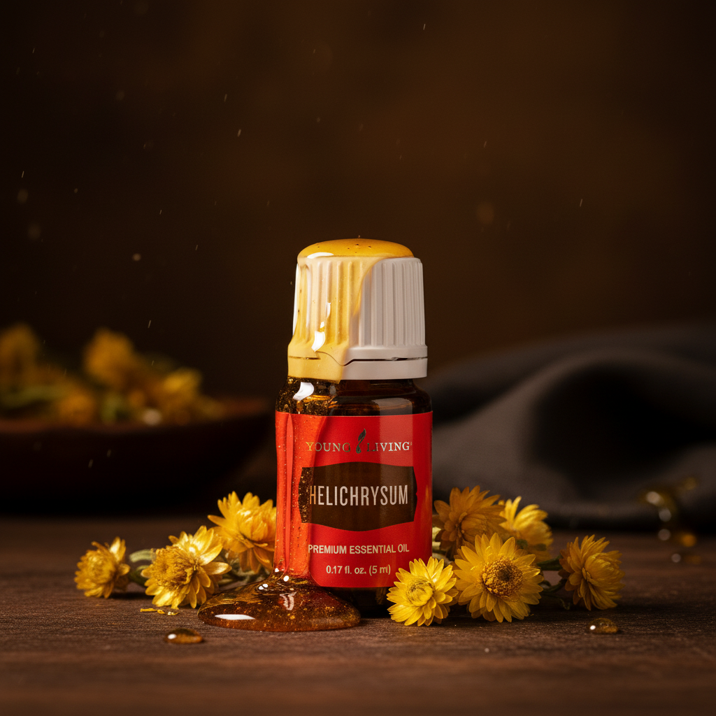 Young Living Helichrysum Essential Oil with golden honey drizzle dark background