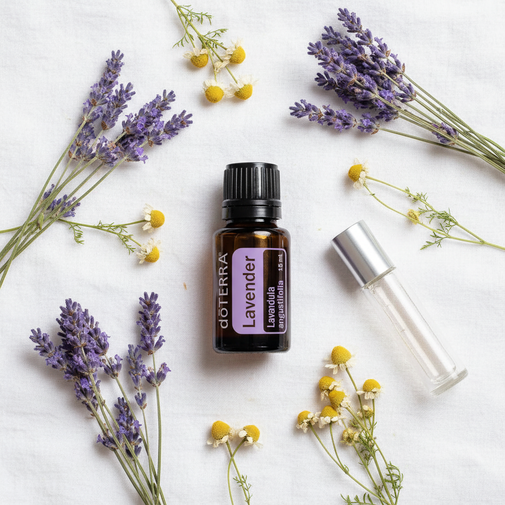doTERRA Lavender flatlay with lavender bundles and chamomile on white linen