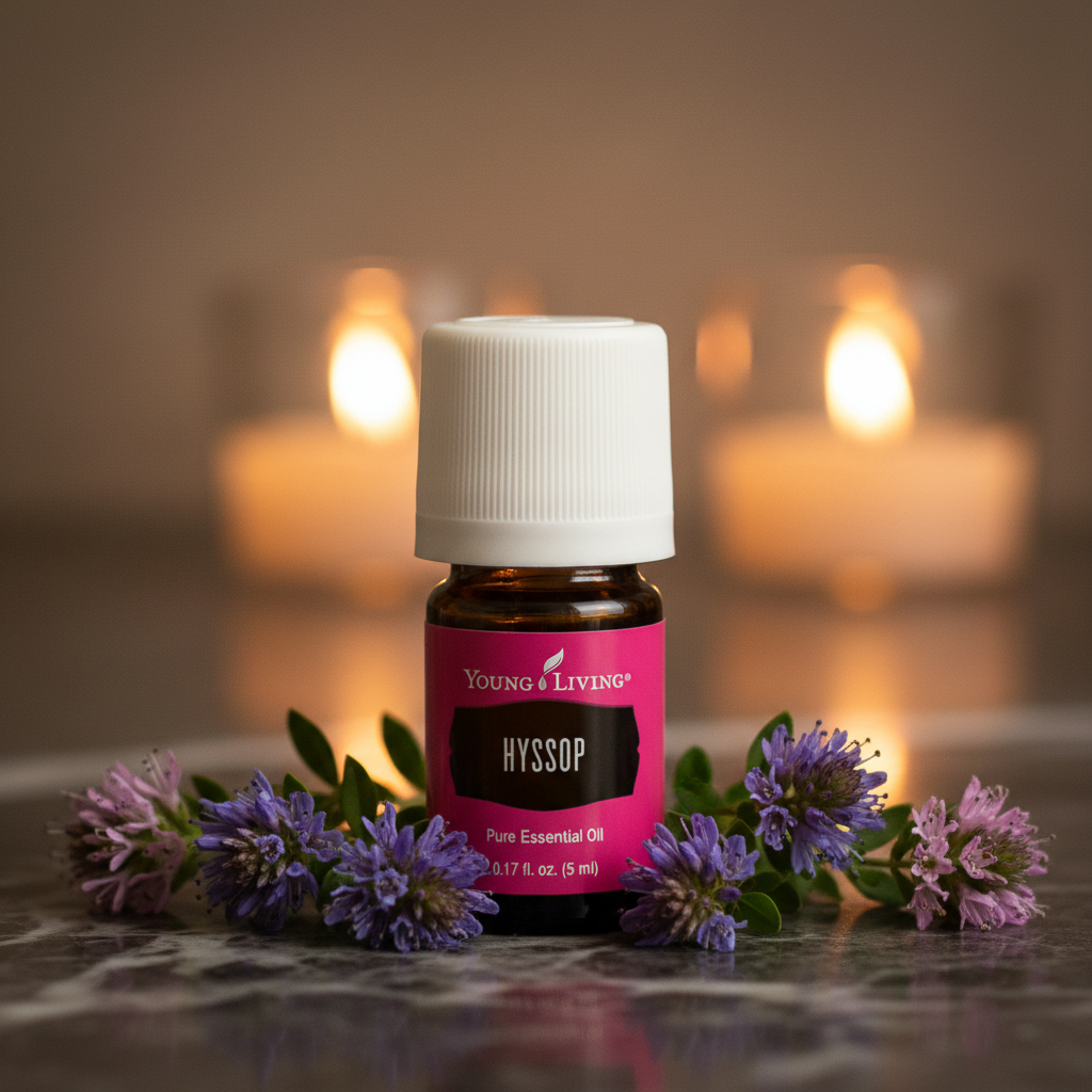 Young Living Hyssop bottle close-up on marble with hyssop flowers and candlelight bokeh