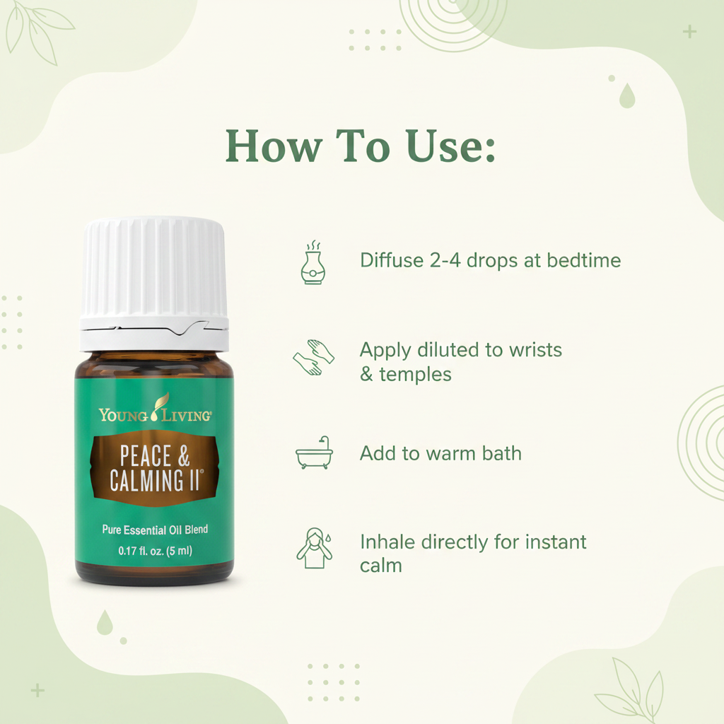Peace & Calming II how to use infographic - Diffuse, Topical, Bath, Inhale