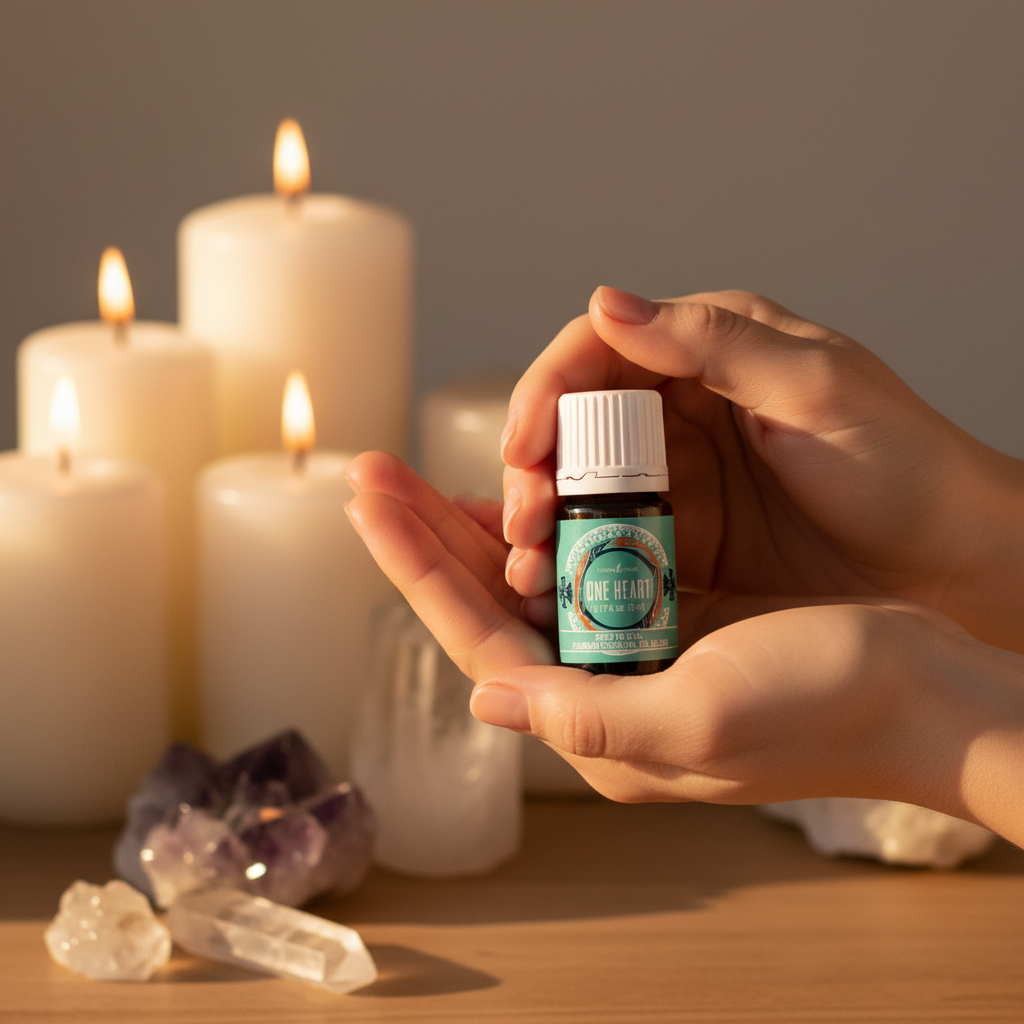 One Heart essential oil held in hands with candles and crystals