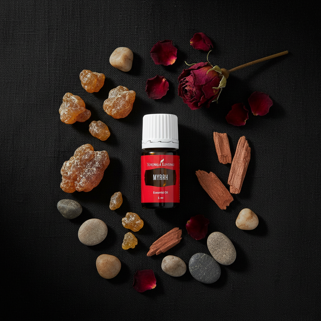 Myrrh essential oil flat lay on black linen with resin pieces, rose petals and cedarwood