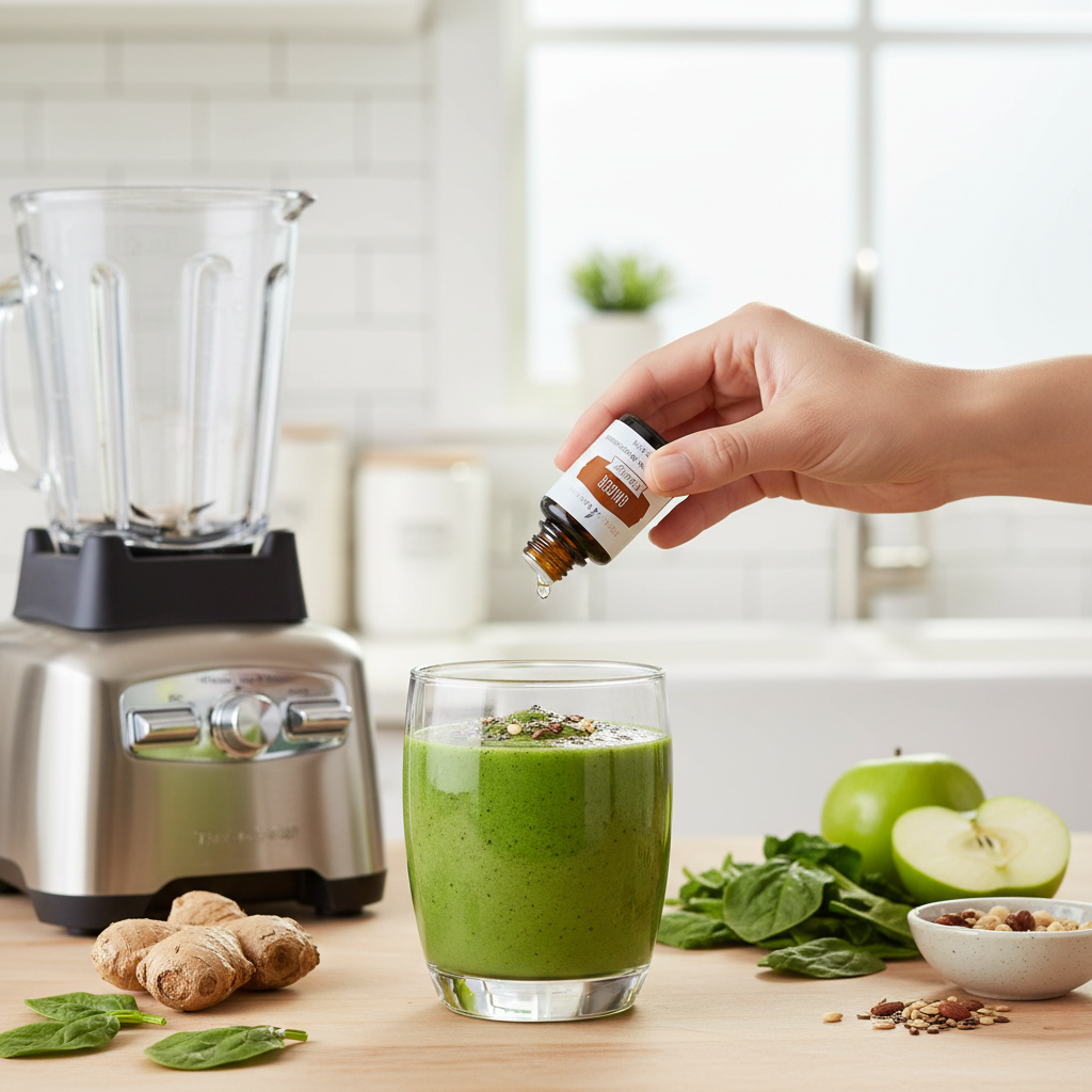 Ginger Vitality oil being added to green smoothie for gut health support