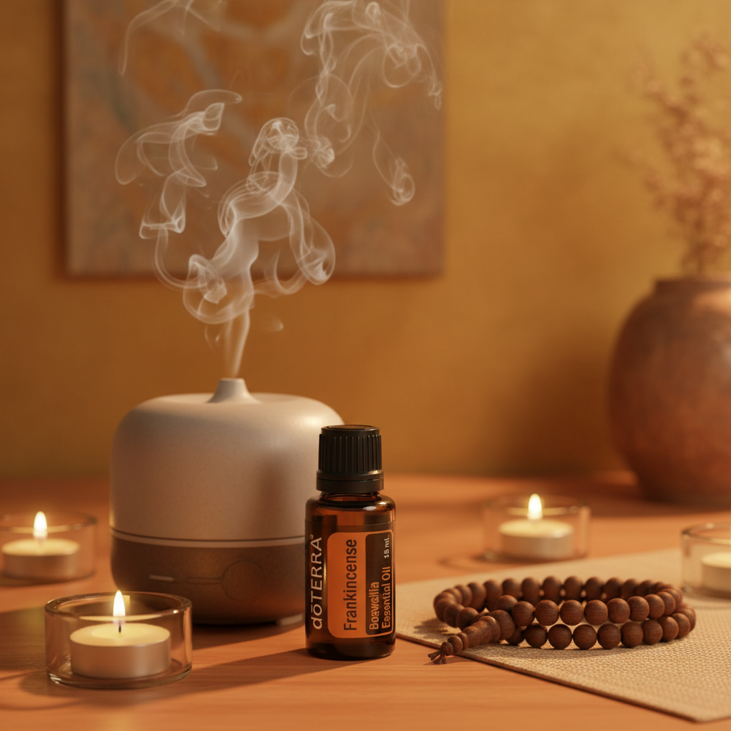 doTERRA Frankincense Essential Oil diffusing in meditation room with candles and prayer beads