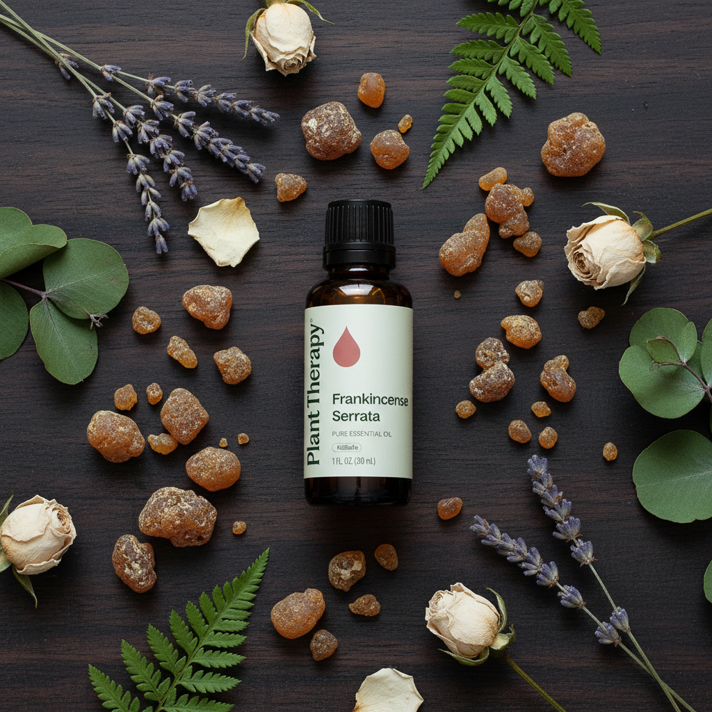 Frankincense Serrata flat lay on dark wood with resin and flowers