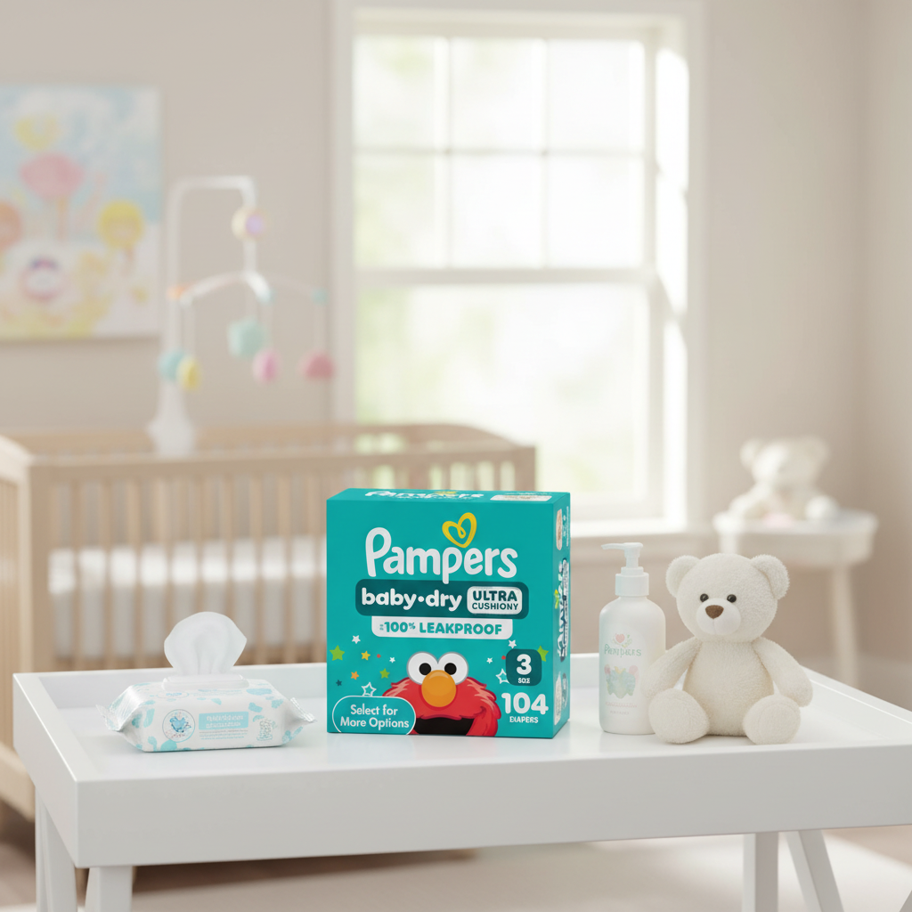 Pampers Baby Dry Size 3 on changing table with baby essentials