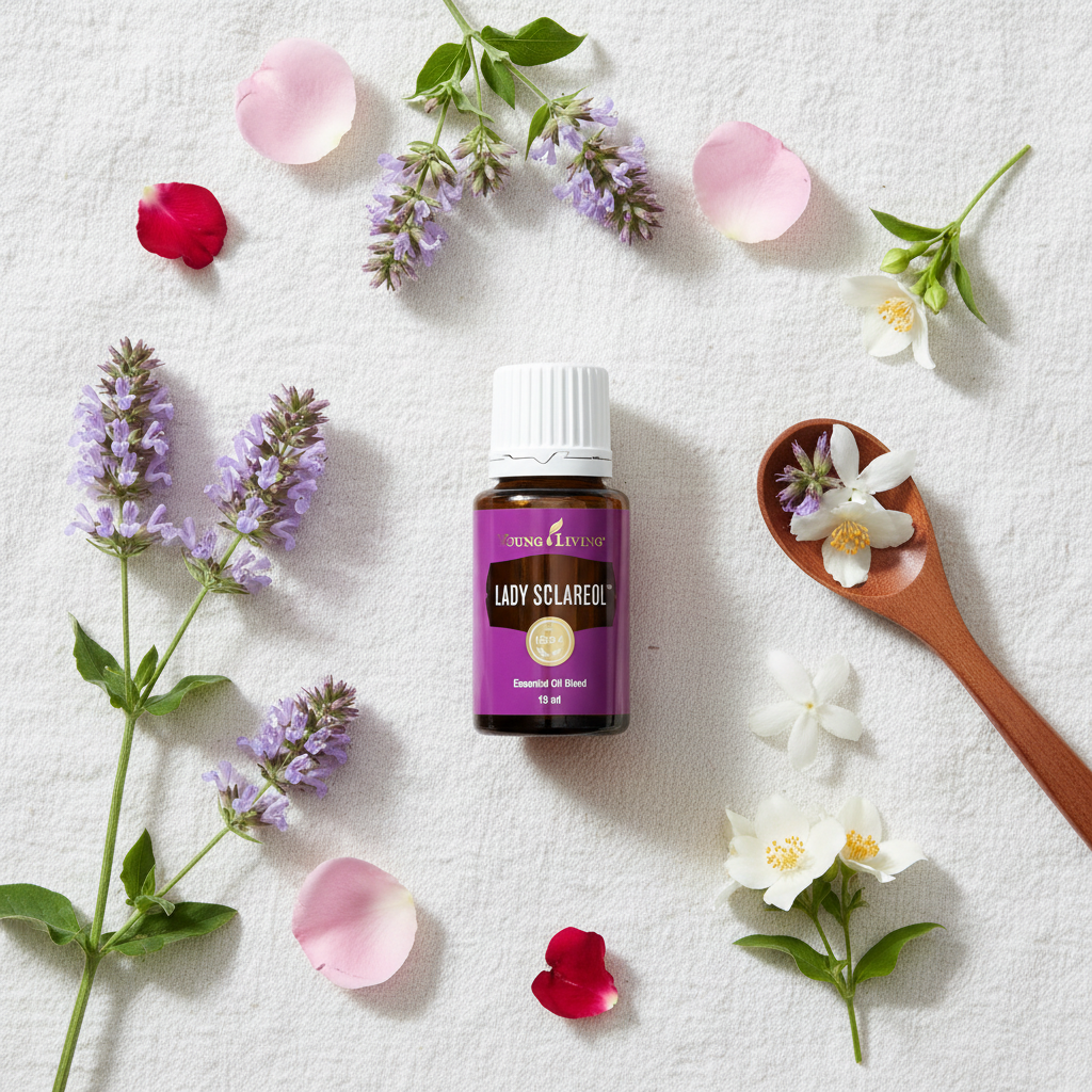 Lady Sclareol essential oil flat lay with clary sage and rose petals on white linen