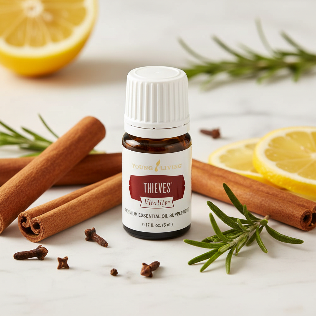 Thieves Vitality essential oil on marble with cinnamon sticks, clove buds, lemon and rosemary