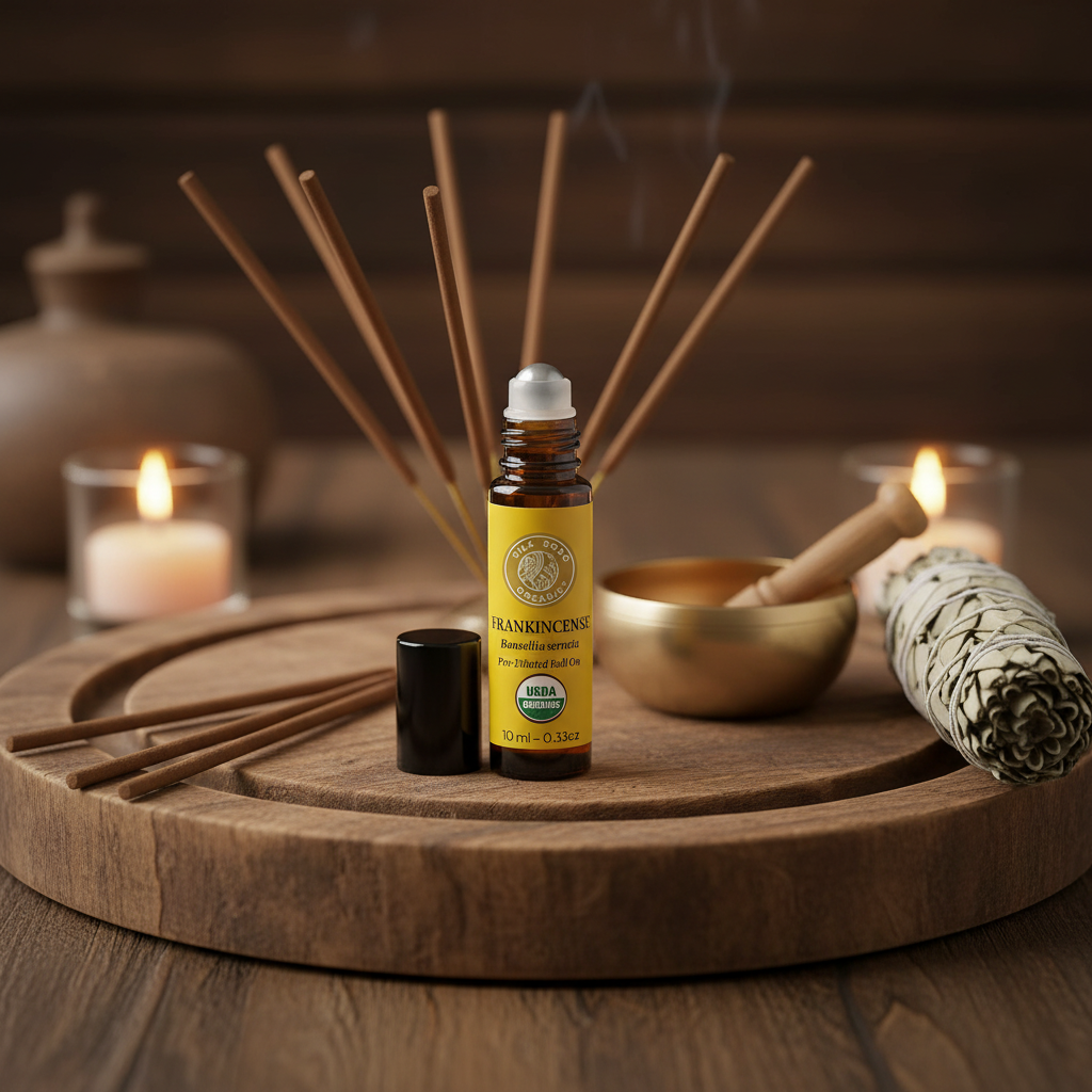 Frankincense roll-on on meditation tray with incense and singing bowl