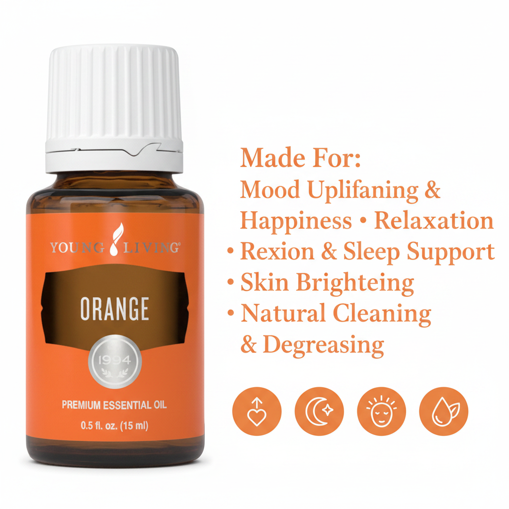 Orange infographic - Made For Mood Uplifting, Relaxation, Skin Brightening, Natural Cleaning