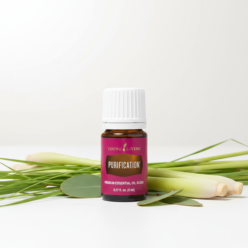 Purification oil with citronella lemongrass and eucalyptus on white surface