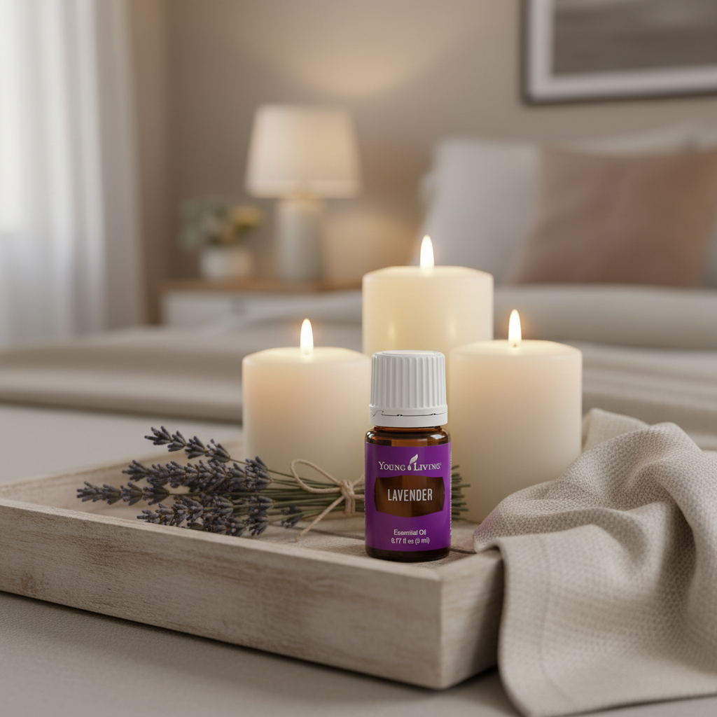 Young Living Lavender Essential Oil on wooden tray with candles