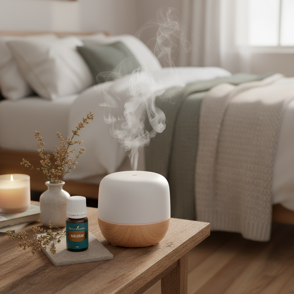 Marjoram bottle next to diffuser in cozy bedroom