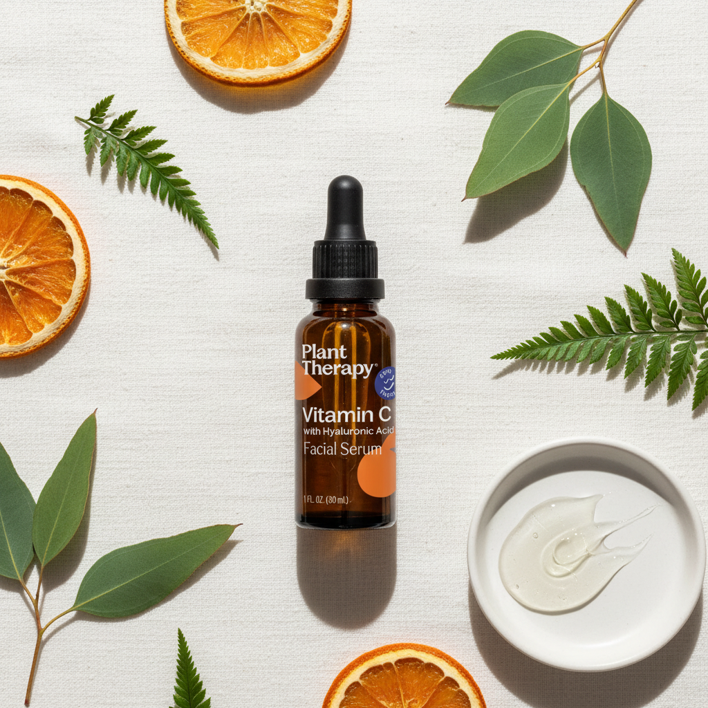 Plant Therapy Vitamin C Serum botanical flat lay with orange peel and botanicals