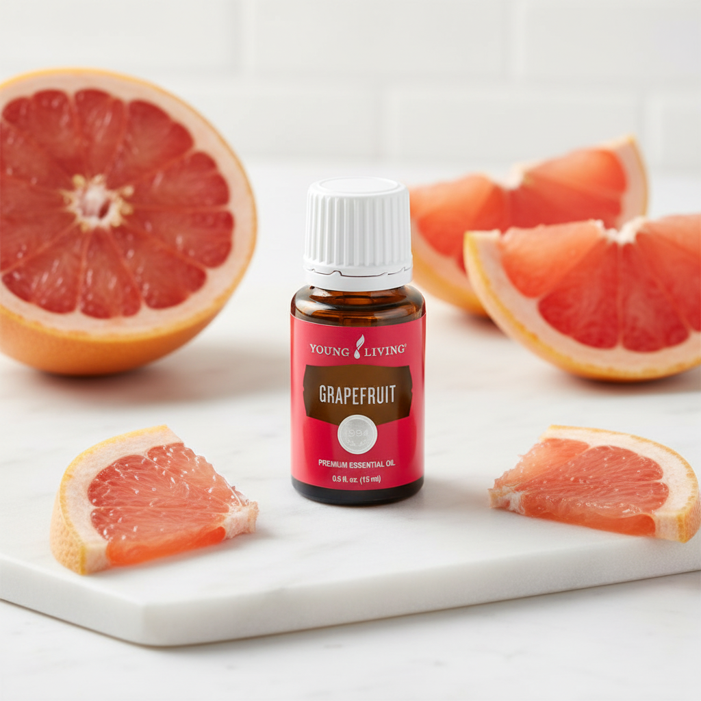 Grapefruit essential oil on marble with fresh grapefruit halves and pink slices in bright light