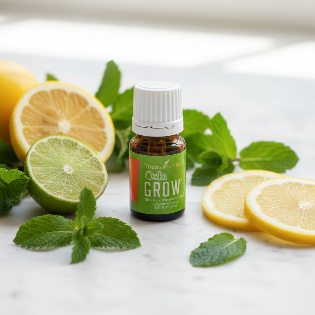 Young Living Oola Grow essential oil styled on white marble with green botanicals and citrus