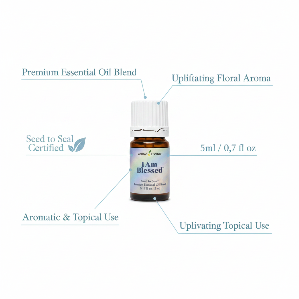 I Am Blessed essential oil key benefits infographic