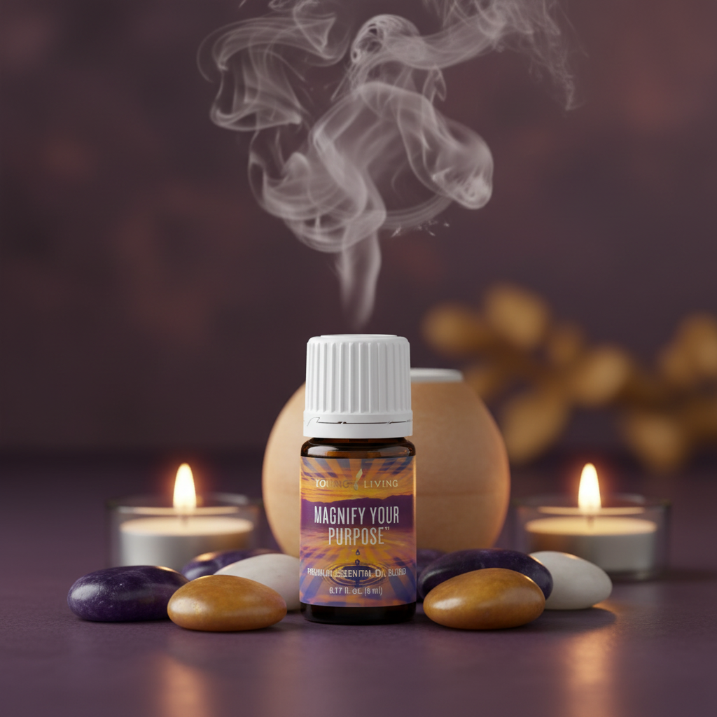 Young Living Magnify Your Purpose Essential Oil with diffuser mist and meditation stones