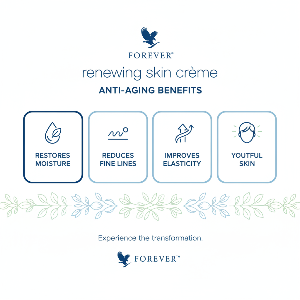 Forever Renewing Skin Crème benefits infographic - moisture, fine lines, elasticity