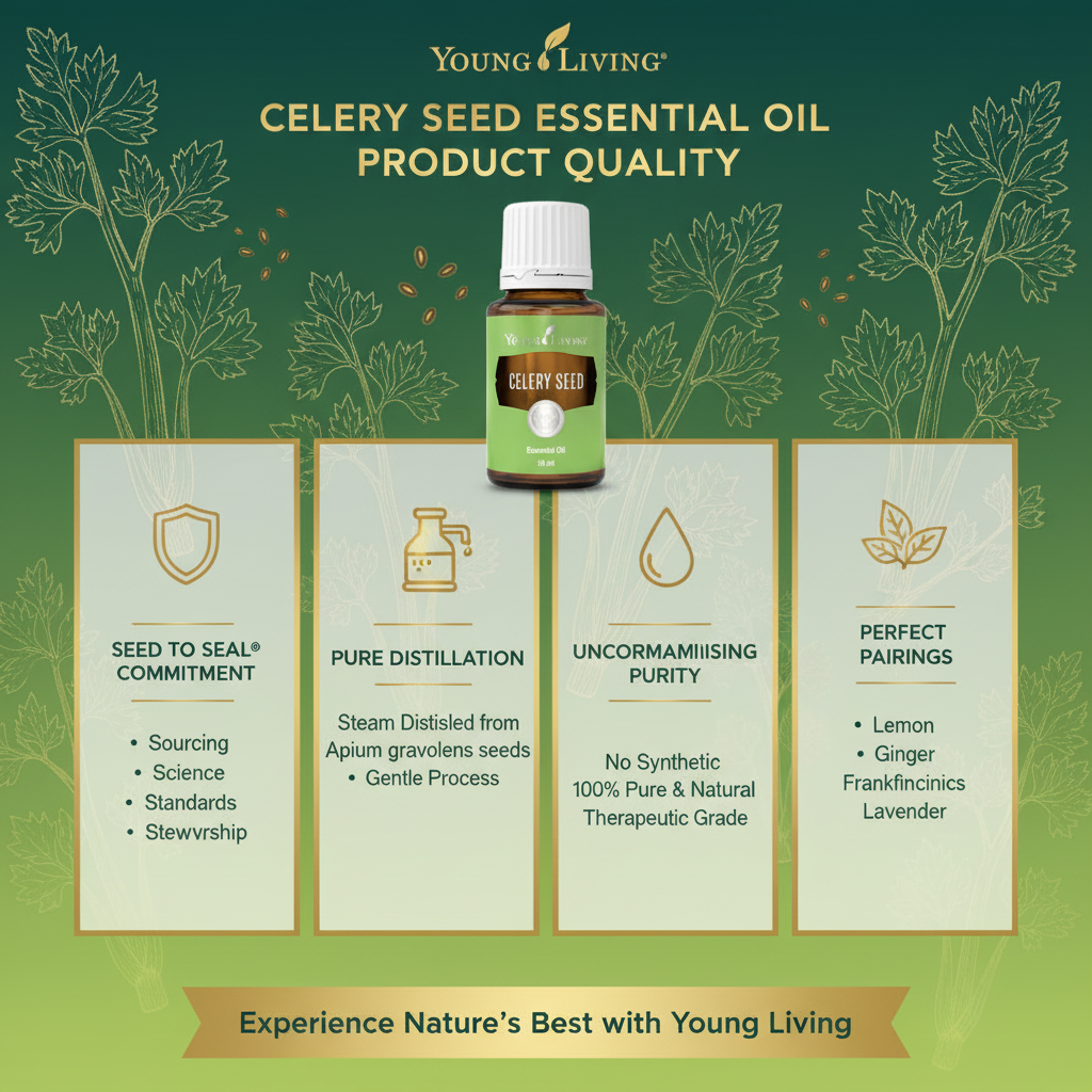 Celery Seed Essential Oil quality and blending guide infographic