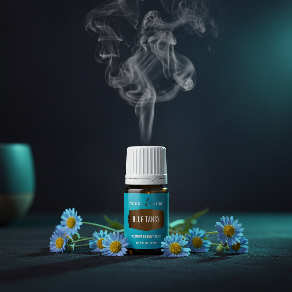 Young Living Blue Tansy Essential Oil with diffuser mist and teal accents