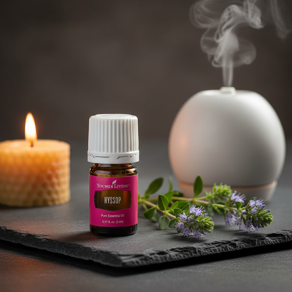 Young Living Hyssop bottle on slate with hyssop sprigs diffuser and candle