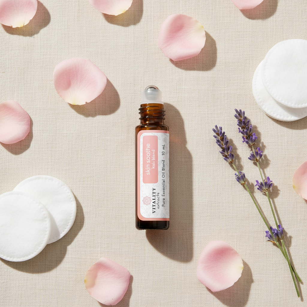 Skin Soothe roller flatlay with rose petals and lavender on peach linen