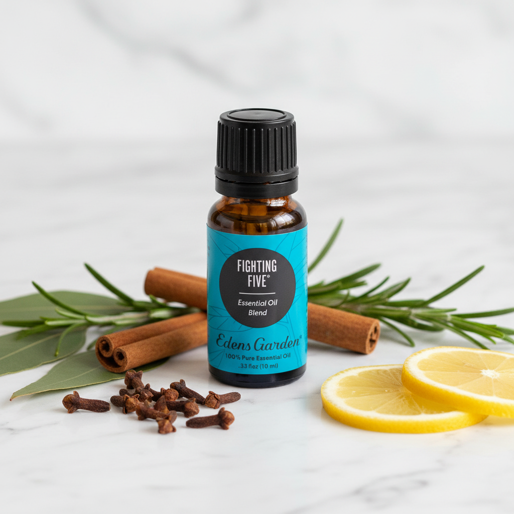 Fighting Five bottle on marble with cloves, cinnamon, eucalyptus and lemon