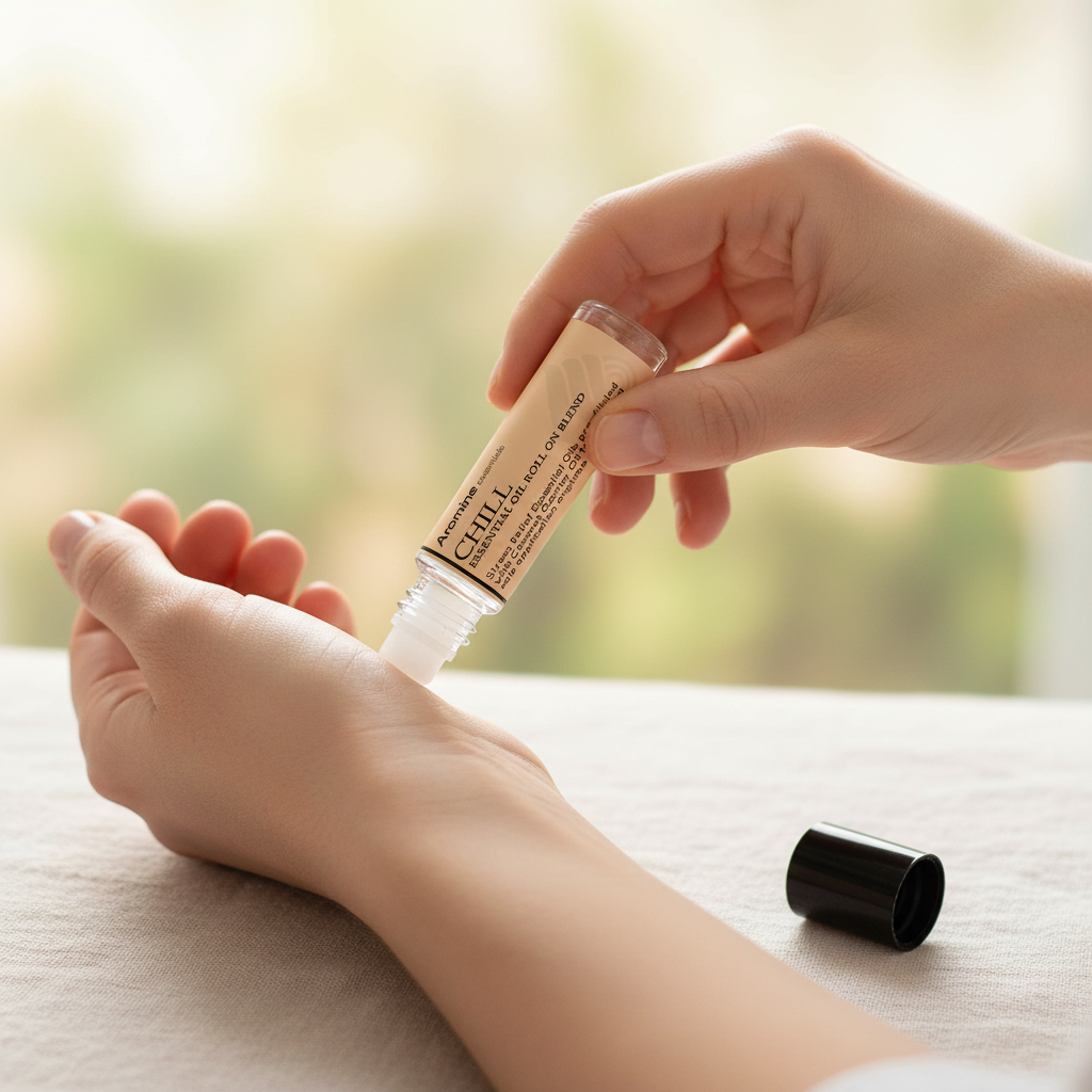 Aromine Essentials Chill Roll-On Blend being applied to wrist