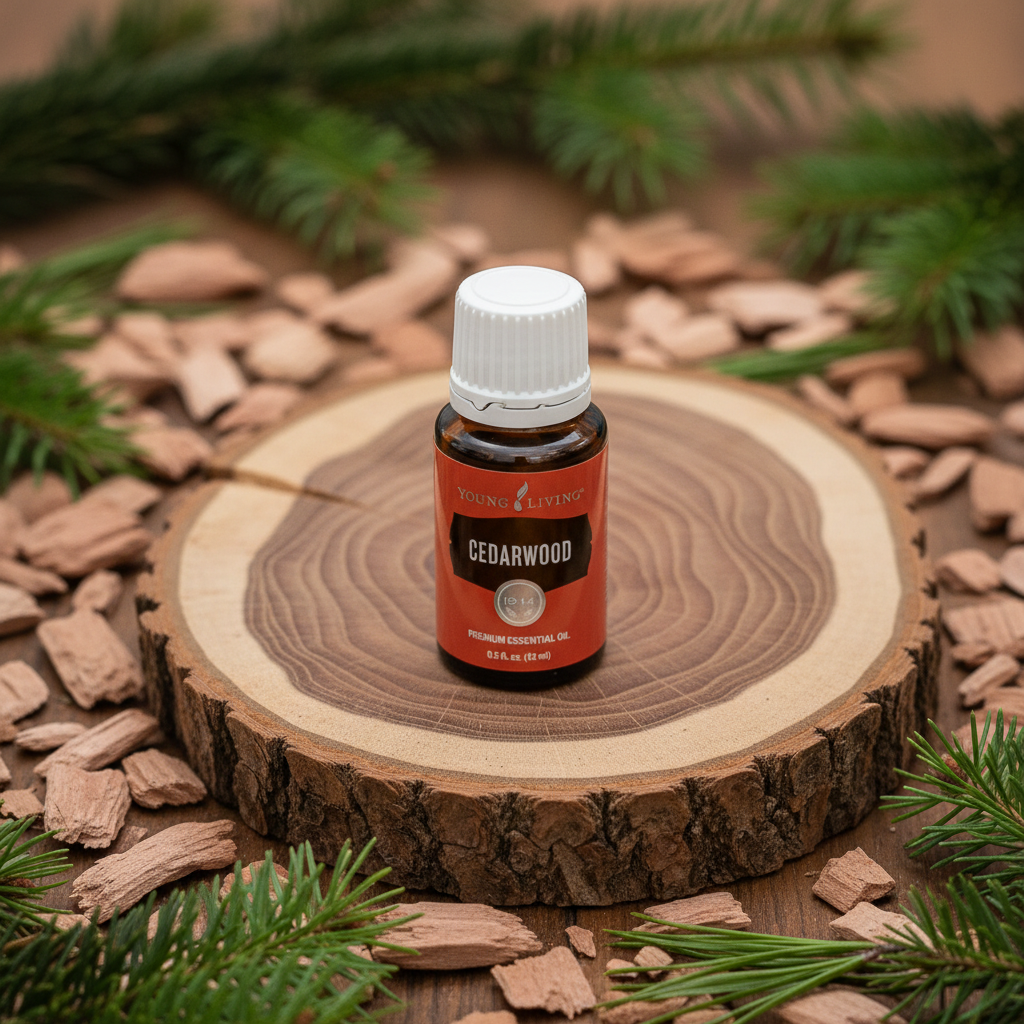 Cedarwood oil on rustic cedar wood slice with pine needles