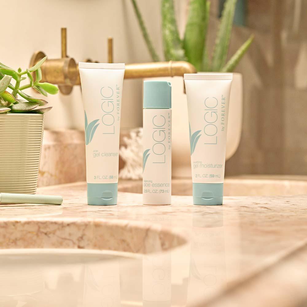 Logic by Forever®  balancing aloe essence helps hydrate and balance skin with 98%+ naturally derived ingredients featuring aloe vera and cucumber fruit and green tea extracts