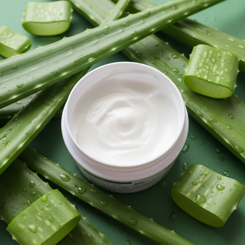 Open jar with aloe vera background