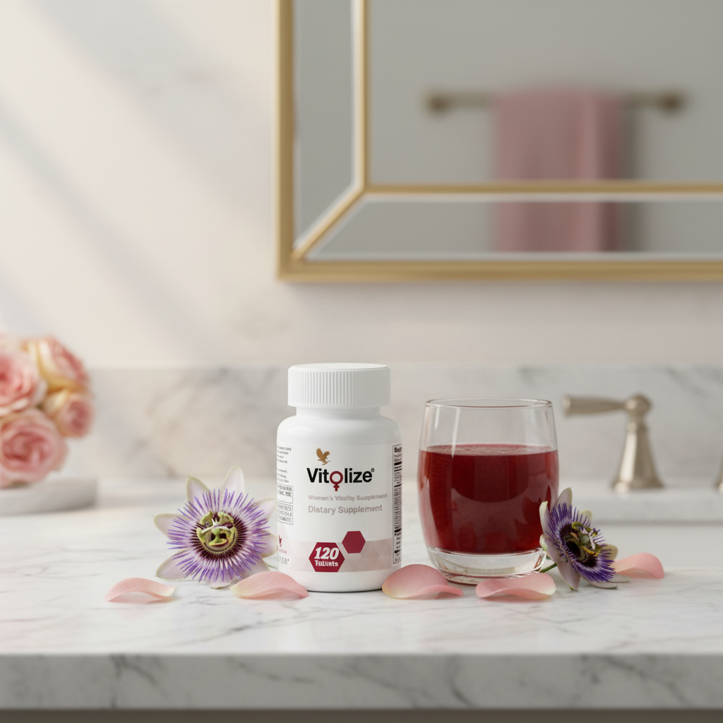 Vanity with cranberry juice & roses