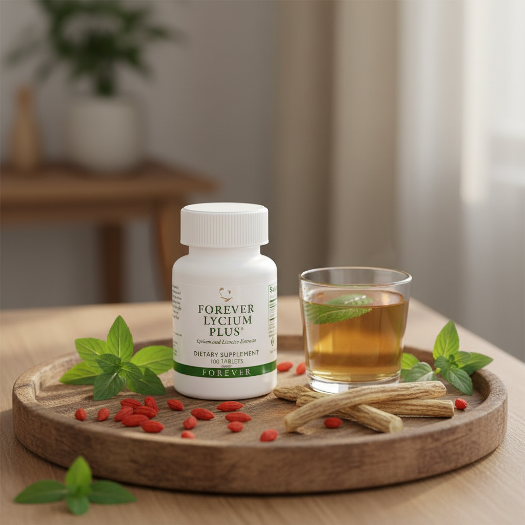 Wooden tray with herbal tea
